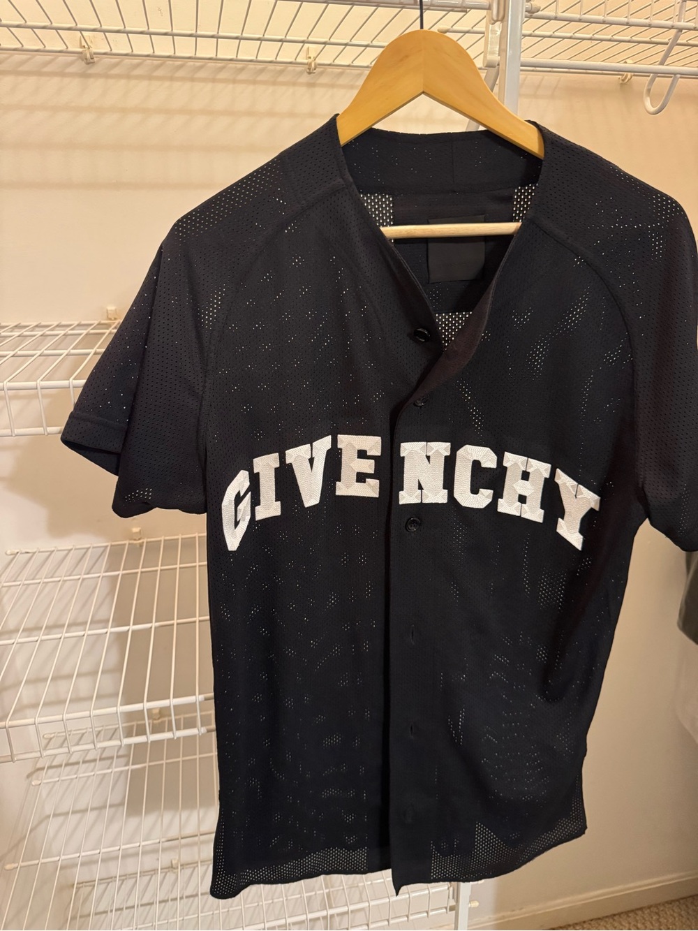 Givenchy Black Mesh Button-Front Baseball Jersey Small